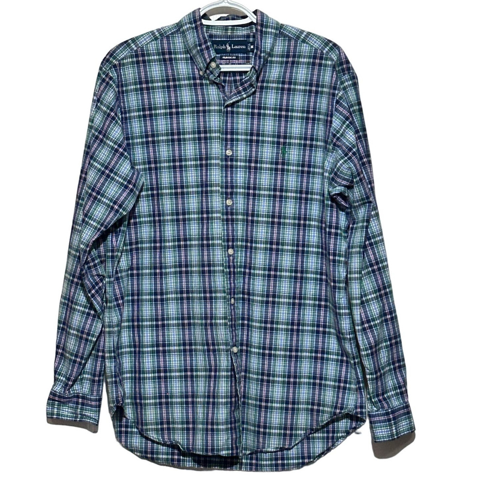 Ralph Lauren Men's Classic Fit Green Blue Plaid Long Sleeves Button Up Size M